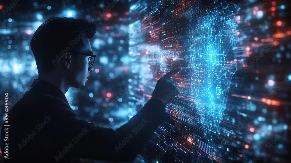 Poster Ai tech businessman show virtual graphic Global Internet connect Chatgpt Chat with AI Artificial Intelligence using command prompt for generates something Futuristic technology transfo : Generative AI