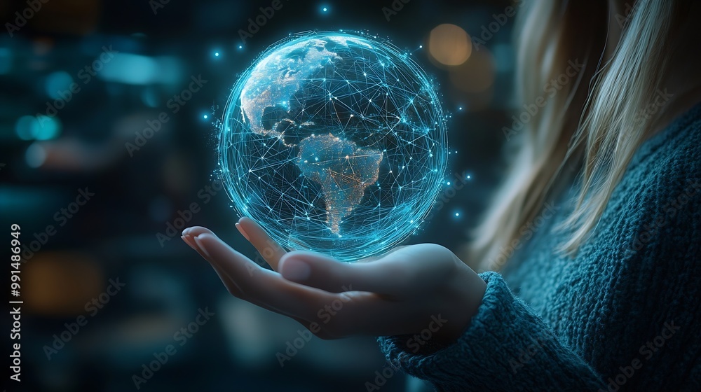 Leinwandbilder metaverse virtual technologywoman hand holding global network connection internet communication wire