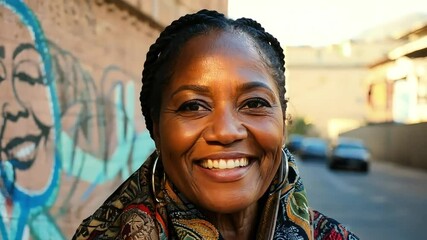 Smiling middle-aged African woman with braided hair stands in front of an urban graffiti wall, wearing a worn but colorful shawl