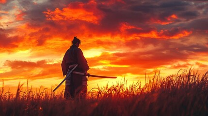 Samurai warrior standing tall against a vibrant sunset, sword drawn, capturing the essence of bravery and tradition