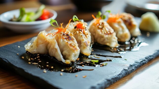 Gyoza dumplings with Shrimp on black stone plate with soy sauce