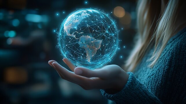 Metaverse Virtual TechnologyWoman hand holding global network connection Internet communication Wireless connection technology Futuristic technology with polygonal shapes : Generative AI