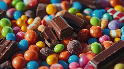 Close-up of a fun and festive candy arrangement with a mix of colorful candies, chocolate treats, and candy bars.