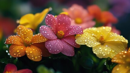 A close-up of vibrant flowers with glistening water droplets on their petals, capturing the freshness and beauty of nature after a rain shower.