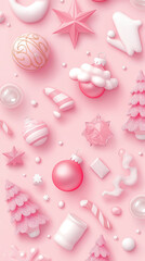 Christmas ornaments on pink background, Christmas poster