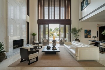 Modern Luxury Living Room with High Ceilings and Garden View