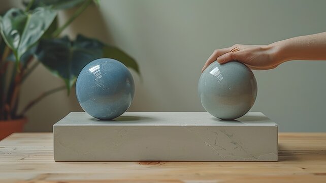 Artistic Minimalist Still Life Composition with Two Spherical Objects and Hand Placement on Concrete Block, Featuring Indoor Plants and Natural Lightbalance