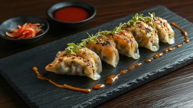 Gyoza dumplings with Shrimp on black stone plate with soy sauce