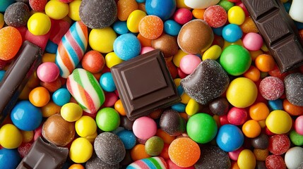 Close-up of a fun and festive candy arrangement with a mix of colorful candies, chocolate treats, and candy bars.
