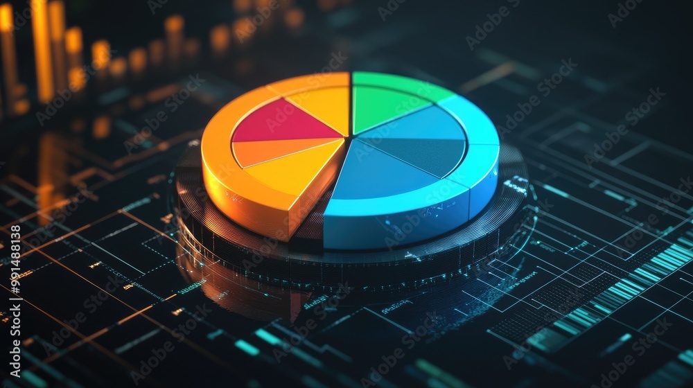 Poster a colorful 3d pie chart with each segment floating slightly above a digital platform, representing d