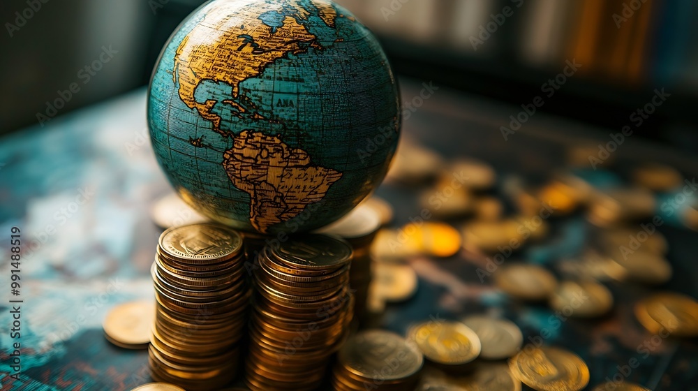 Aufkleber Globe and stack with coins Money makes the world go round : Generative AI