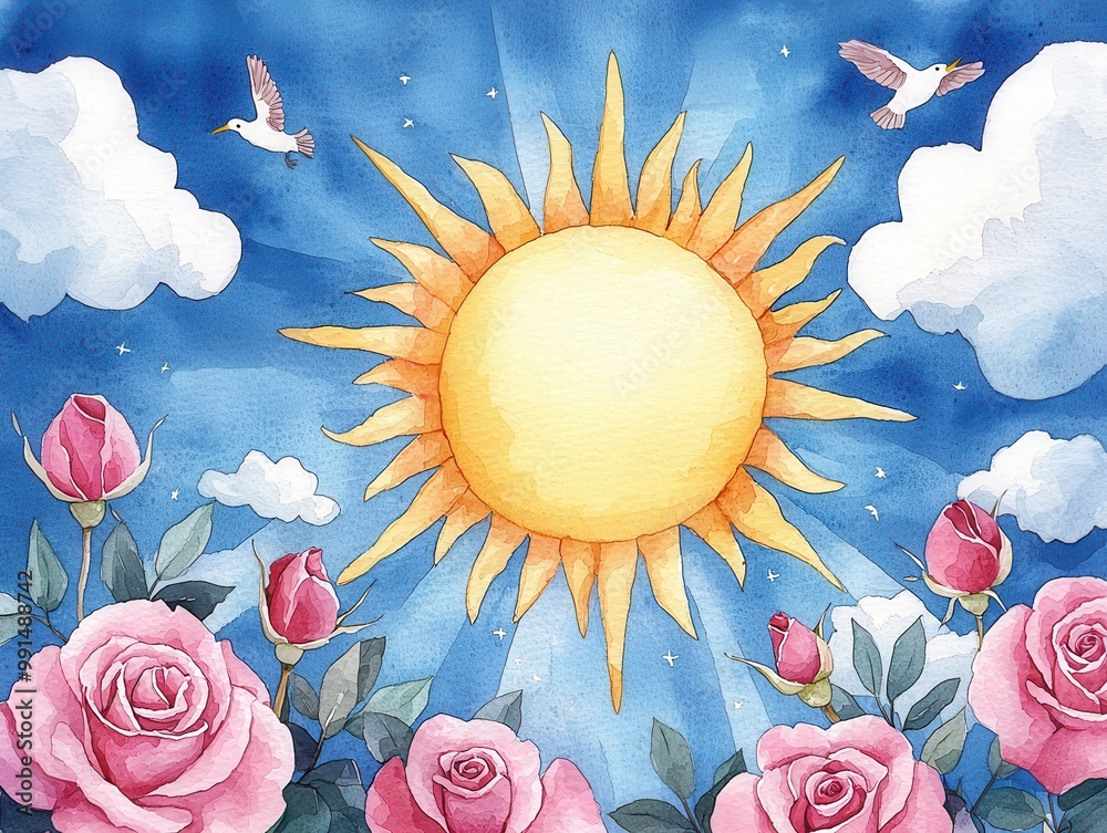 Wall mural Watercolor Painting of Roses, Sun, and Birds.