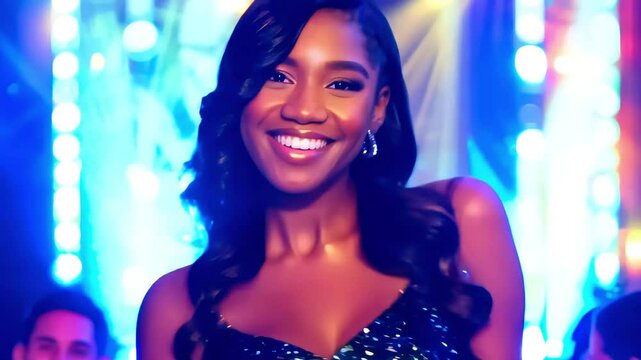 Young beautiful black woman with an ecstatic expression smiles at the camera, as disco club lights reflect off her sequined dress. Party concept. New year, christmas