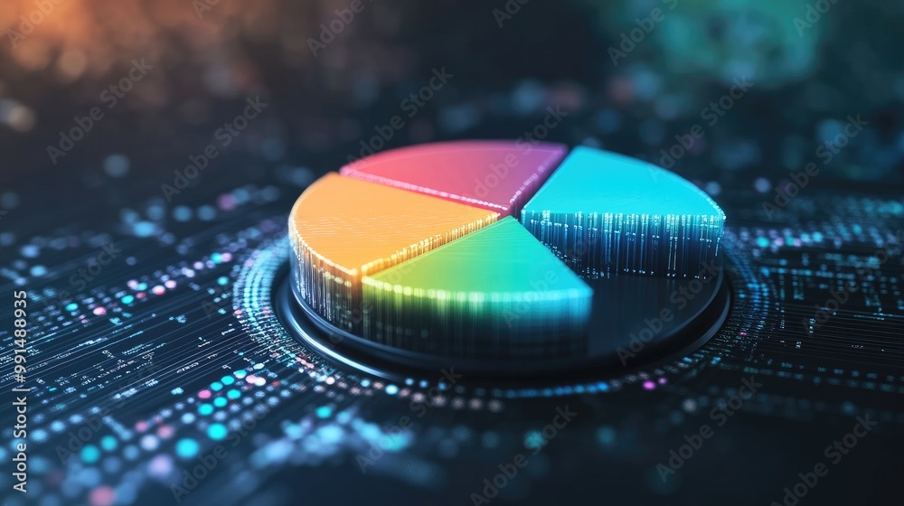 Poster a colorful 3d pie chart with each segment floating slightly above a digital platform, representing d