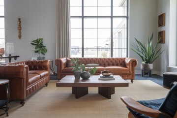 Fototapeta premium Stylish Modern Living Room with Leather Sofa and Wooden Coffee Table