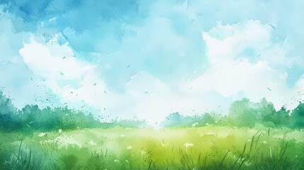 Fototapeta premium A vibrant minimalistic watercolor painting of a green field under a bright blue sky with white clouds, capturing the essence of a summer day.
