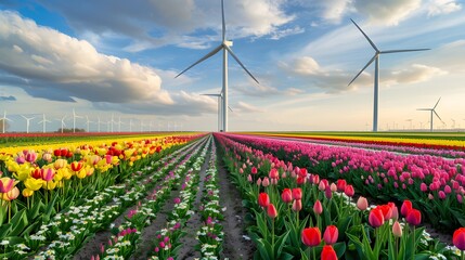 Sustainable Beauty: Tulip Field Surrounded by Wind Turbines