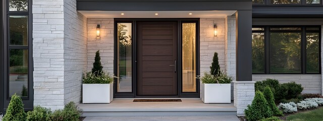 A modern front door with dark wood and glass