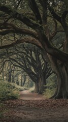 Naklejka premium Enchanted Woodland Path Under Arching Ancient Trees