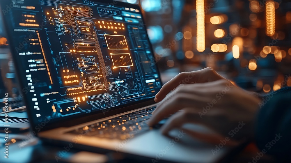 Leinwandbilder Digital technology software development concept Coding programmer software engineer working on laptop with circuit board and javascript on virtual screen internet of things IoT : Generative AI