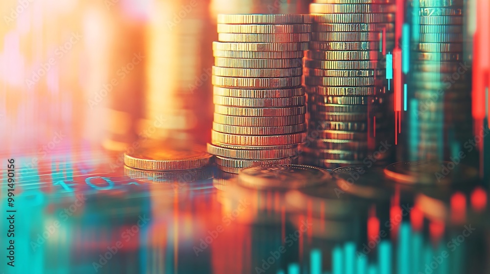 Aufkleber Double exposure of graph and rows of coins in soft color for finance and business concept : Generative AI
