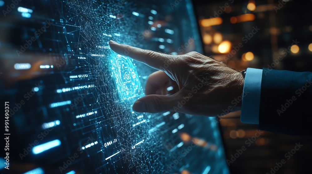 Poster digital information technology concept businessman touching artificial intelligence screen : generat