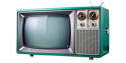 A vintage television with a green cover, a large dial and an antenna on top is seen against a transparent background. The TV screen is blank and slightly curved with a retro design. AI generated.