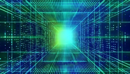 Obraz premium 4k vibrant neon blue and green grid. Motion background animation. High-quality design element. Coding cyberspace with binary symbols. Digital textures in 3d. Tiny flashing dots. Continuously looping