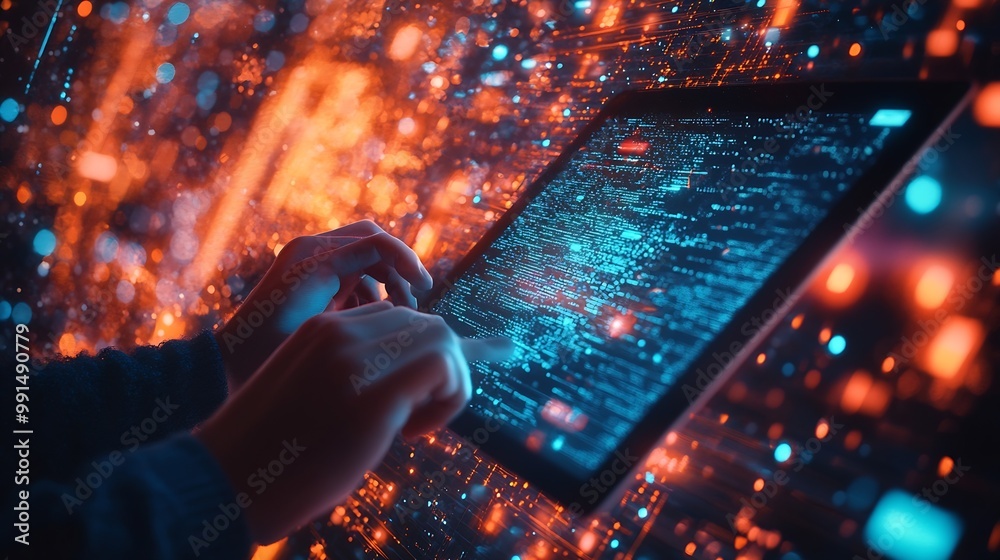 Fototapete Internet network technology digital software development future tech background IoT concept Man using digital tablet and laptop with global network connection computer code : Generative AI
