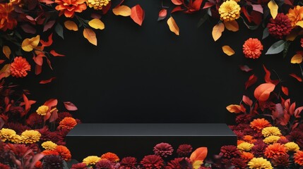 An arrangement of vivid autumn flowers and leaves in shades of red, orange, and yellow frames a dark pedestal