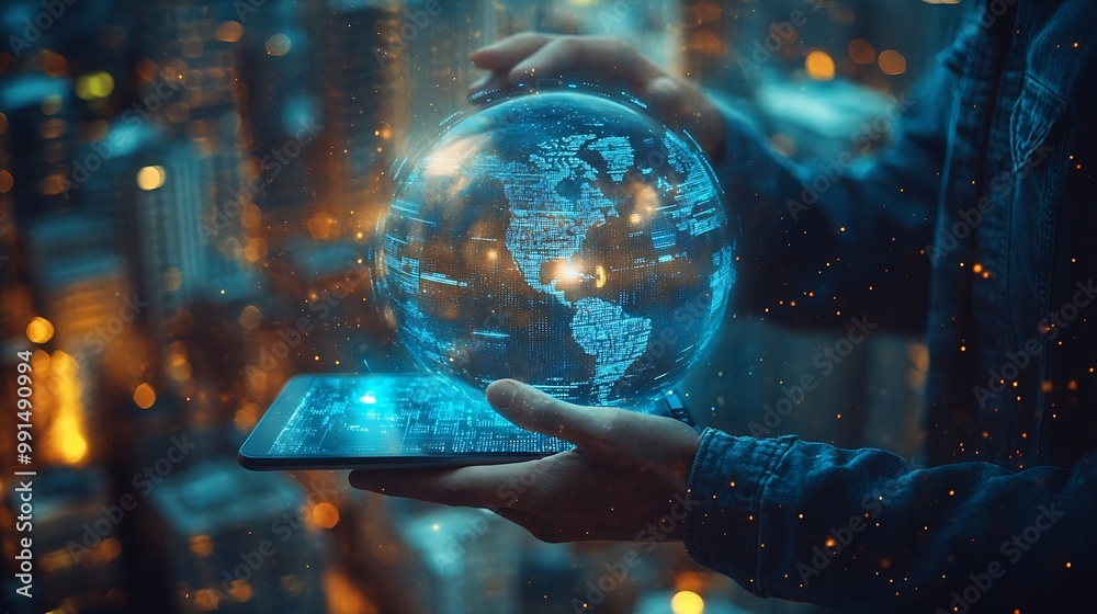 Fototapete Digital marketing data exchange global business Businessman using digital tablet computer double exposure with smart city online marketing data transfer global internet network technol : Generative AI