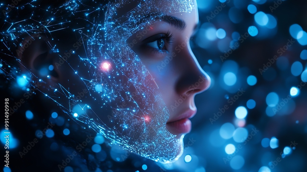 Poster Metaverse and Blockchain Technology Concepts Person with an Experiences of Metaverse Virtual World via Smart Phone Futuristic Tone Conceptual Photo : Generative AI