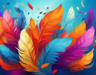 Obraz premium A lively illustration showcasing colorful feathers floating against a sky-blue canvas, ideal for a joyous april fools' day decor or background feature