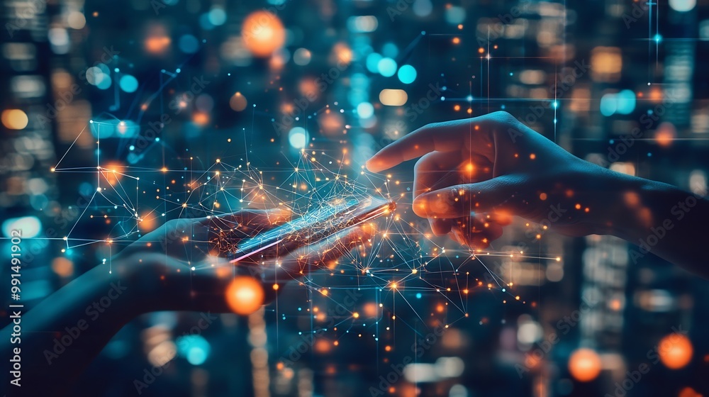 Aufkleber Digital technology Business network connection Teamwork Deal Partnership and data exchange Investment analysis planning and  strategy Businessman working with digital device on smart c : Generative AI