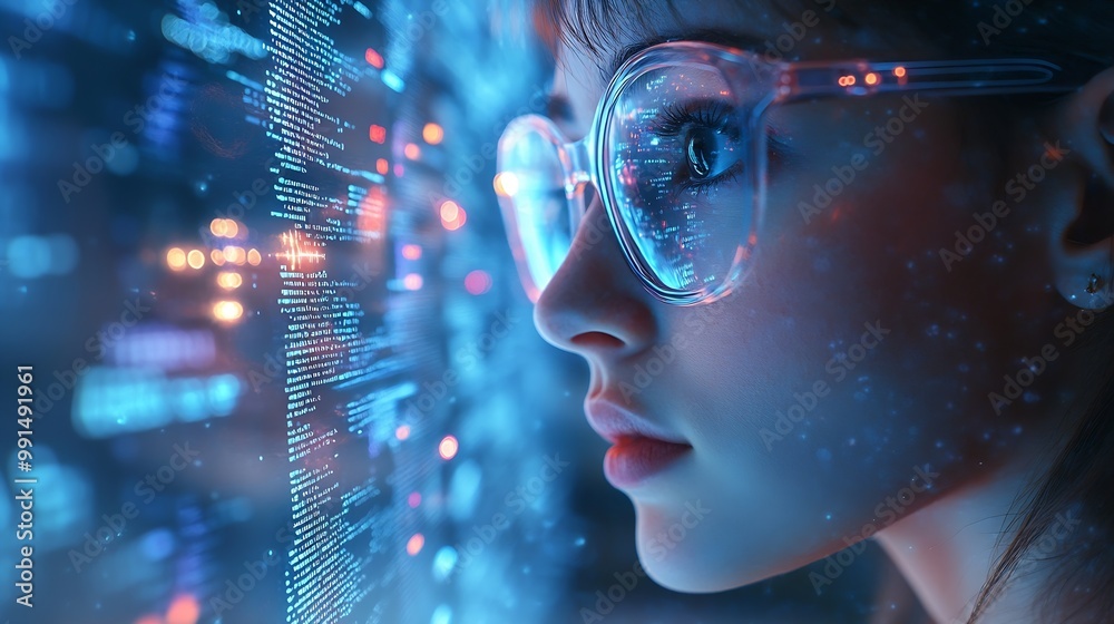Fototapete Software coding hologram and woman on tablet thinking of data analytics digital technology and night overlay Programmer or IT person in glasses on 3d screen programming and cybersecuri : Generative AI