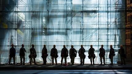 Construction workers silhouetted against a vibrant building site backdrop during twilight hours, showcasing teamwork and progress. Generative AI