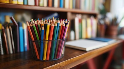 A cozy corner filled with colored pencils and sketchbooks, inviting creativity and imagination, perfect for artists and hobbyists alike.