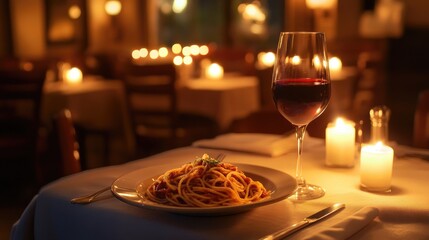 A cozy Italian restaurant setting with a candlelit table, featuring a plate of spaghetti and a glass of red wine, creating a romantic dining atmosphere.