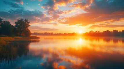 Obraz premium Spectacular sunrise over a scenic landscape with colorful clouds trees grasslands and water reflecting the golden sunlight : Generative AI