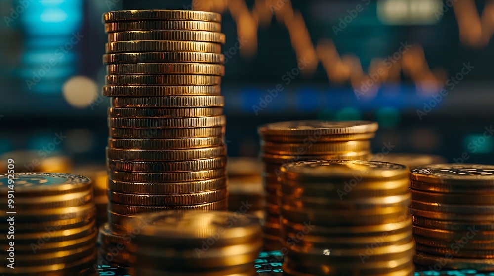 Poster financial investment and success market stock technology currency report stacks of coin with trading