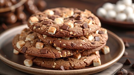Deliciously gooey chocolate cookies stacked high on a rustic plate, perfect for a cozy afternoon treat. Generative AI