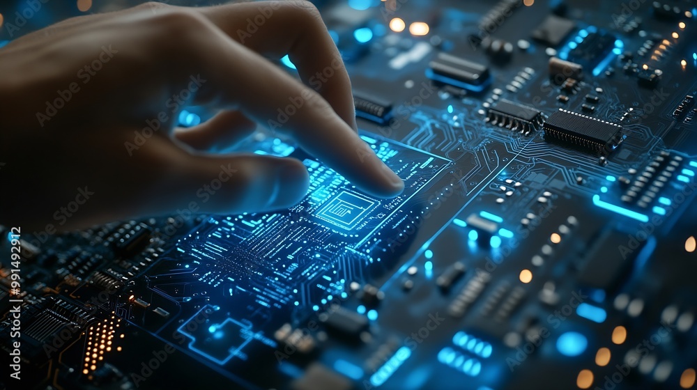 Fototapete Digital technology software development concept Coding programmer software engineer using digital tablet with circuit board and javascript on virtual screen internet of things IoT : Generative AI