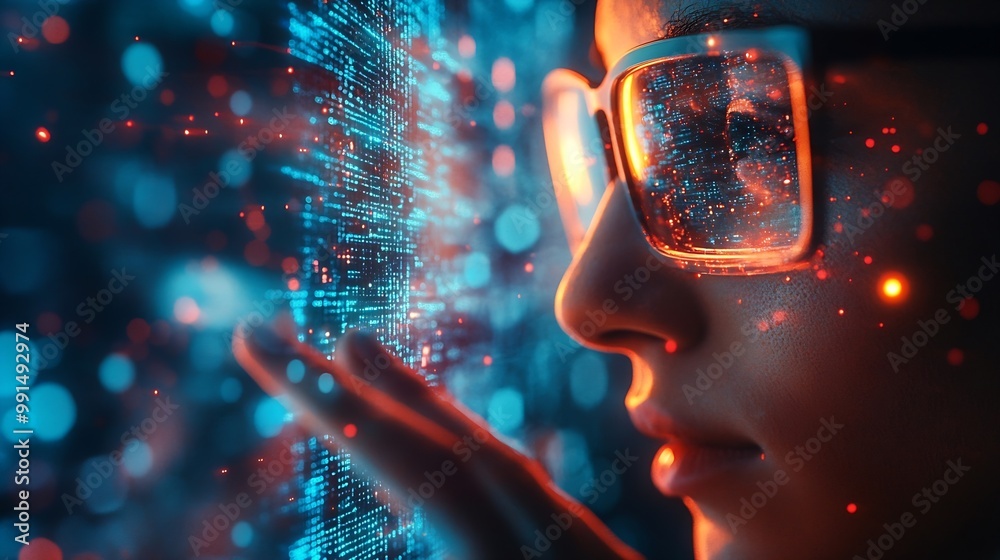 Aufkleber Metaverse and Blockchain Technology Concepts Person with Glasses try to Touching Object for Experiences of Metaverse Virtual World Futuristic Tone : Generative AI