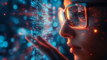 Metaverse and Blockchain Technology Concepts Person with Glasses try to Touching Object for Experiences of Metaverse Virtual World Futuristic Tone : Generative AI