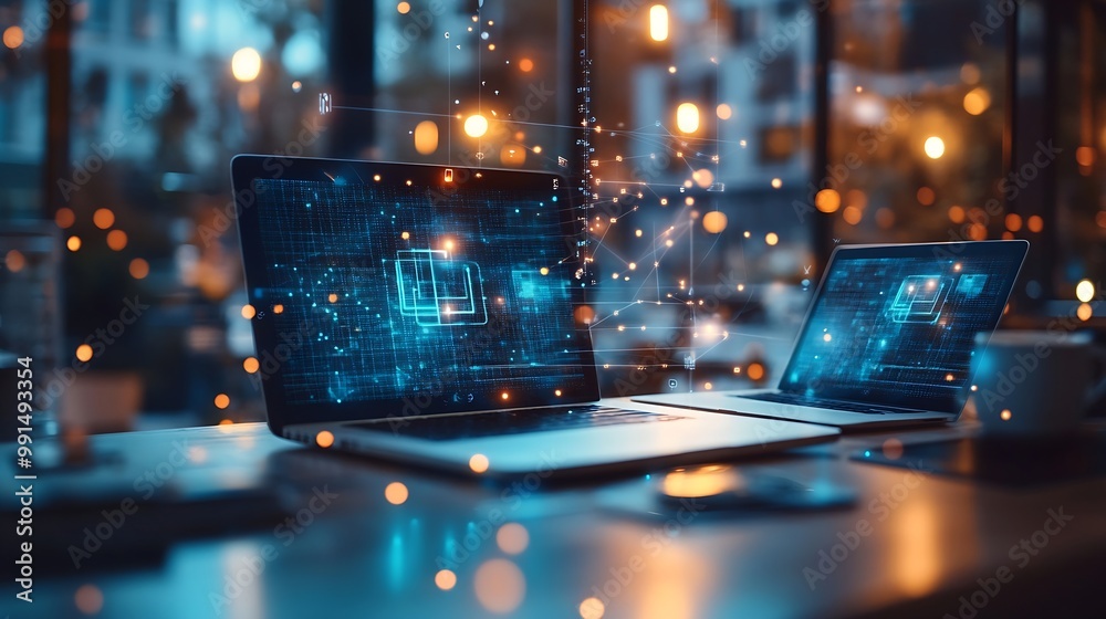 Poster Tech devices connected to each other by businessman on blurred background 3D rendering : Generative AI