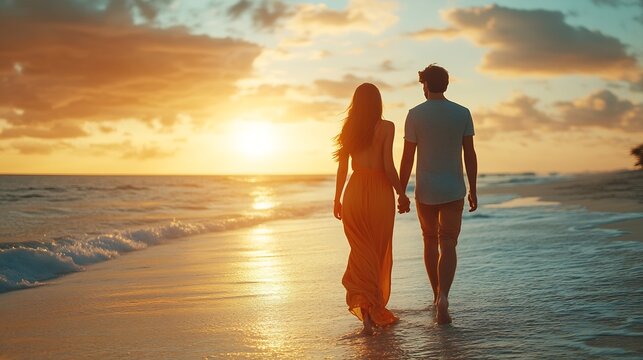 Lovely romantic couple walking on sunset beach enjoying evening light relaxing on tropical summer vacation Honeymoon Love Back view Woman wearing orange maxi dress : Generative AI