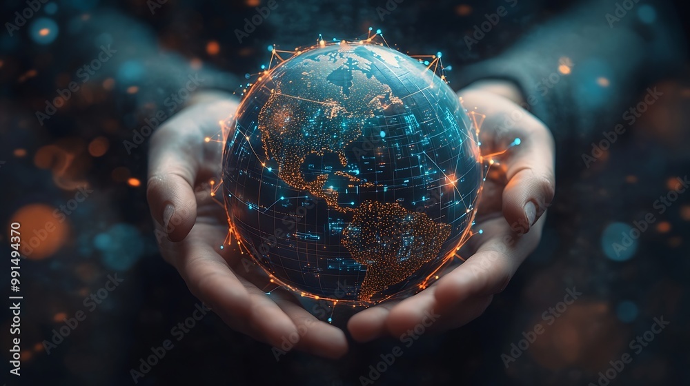 Aufkleber Metaverse TechnologyNext generation technologyGlobal networking connectionscience innovation and communication technologyHand holding earth globe with data exchanges on connection tech : Generative AI