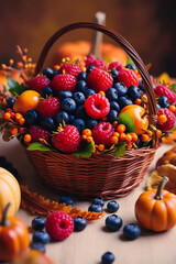Naklejka premium autumn basket overflowing with a bright mix of juicy berries and blueberries, symbol of the fall harvest, on a warm, earthy background 