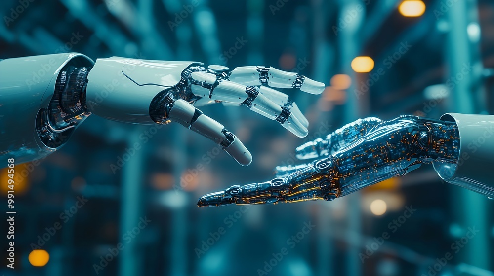 Poster AI Machine learning Hands of robot and human touching on big data network connection background Science and artificial intelligence technology innovation and futuristic : Generative AI