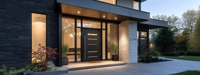 A modern front door with dark wood and glass